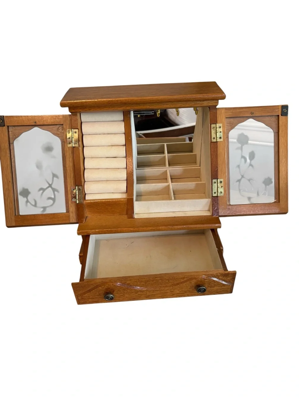 Vintage Wood Etched Glass Doors Jewelry Case Box Chest